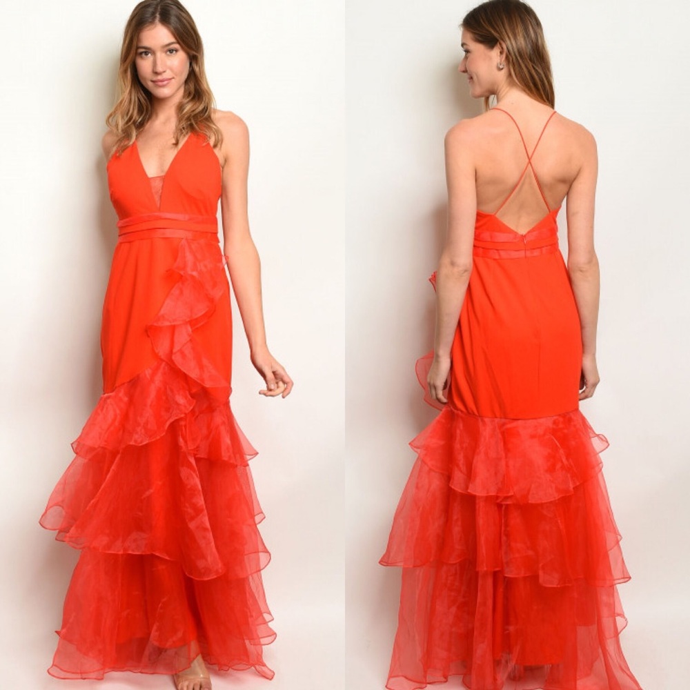 Red Sleeveless Ruffle Organza V-Neck Dress S-M-L - Picture 1 of 3